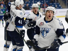 Saskatoon Blades' Jesse Shynkaruk celebrates his first goal of the game during first period action against the Swift Current Broncos at SaskTel Centre in Saskatoon on Jan. 22, 2017.