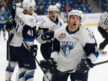 Saskatoon Blades' Jesse Shynkaruk celebrates his first goal of the game during first period action against the Swift Current Broncos at SaskTel Centre in Saskatoon on January 22, 2017.