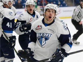 Saskatoon Blades' Jesse Shynkaruk celebrates his first goal of the game during first period action against the Swift Current Broncos at SaskTel Centre in Saskatoon on January 22, 2017. (Michelle Berg / Saskatoon StarPhoenix)