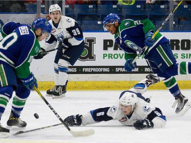 Saskatoon Blades' Mark Rubinchik dives for the puck during first period action against the Swift Current Broncos at SaskTel Centre in Saskatoon on January 22, 2017.