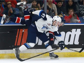 Blades' defence Evan Fiala checks Regina Pats' Colby Williams against the boards during first-period action at SaskTel Centre in Saskatoon on January 30, 2017. (Michelle Berg / Saskatoon StarPhoenix)