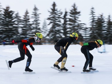 L-R: Saskatoon's Shannon Dallaire, Lloydminster's Avery Stephens and Moose Jaw's Molly Morris compete in the 3000m (100m track) final at the Speed Skating Oval in Saskatoon, January 8, 2017.