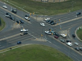 Traffic converges at the intersection of Wanuskewin Road and 51st Street in the August 2014 aerial photo.