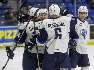 The Saskatoon Blades celebrate a goal against the Calgary Hitmen during the first period of WHL action in Saskatoon, January 10, 2017.