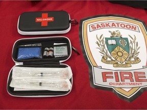 A Naloxone kit is on display by the Saskatoon Fire Department
