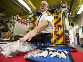 Saskatoon assistant fire chief Rob Hogan speaks to reporters about the anti-overdose naloxone kits issued to firefighters this week.