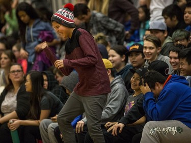 A Bedford Road RedHawks fan cheers on his team as they take on the Seminaire Saint Joseph Vert et Or during their game in the Bedford Road Invitational Tournament (BRIT) at Bedford Road Collegiate in Saskatoon, January 13, 2017.