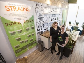 Delanie Jones, manager, right, and Julie Vickaryous, a Cannabis specialist stand for a photograph at the lobby of National Access Cannabis at in Saskatoon, SK on Friday, January 13, 2017.