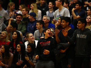 The crowd at Bedford Road cheers after a slam dunk was performed by St. Francis Xavier Rams during the final game of the Bedford Road Invitational Tournament in Saskatoon, January 14, 2017.