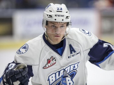 Saskatoon Blades forward Braylon Shmyr celebrates his goal against the Medicine Hat Tigers during first period WHL action in Saskatoon, January 18, 2017.