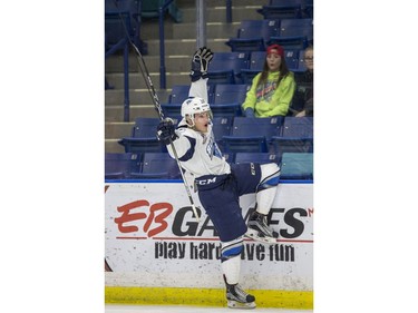 Saskatoon Blades forward Braylon Shmyr celebrates his second goal against the Medicine Hat Tigers during first period WHL action in Saskatoon, January 18, 2017.