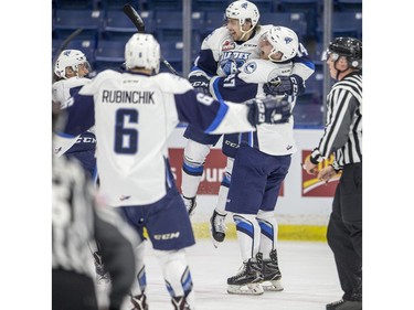 The Saskatoon Blades celebrate a goal against the Medicine Hat Tigers during first period WHL action in Saskatoon, January 18, 2017.