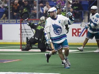 Rochester Knighthawks forward Dan Lomas celebrates after the Rochester Knighthawks score against the Saskatchewan Rush at SaskTel Centre in Saskatoon, January 21, 2017.