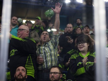 Saskatchewan Rush fans cheer as the Rush scores against the Rochester Knighthawks during the second period at SaskTel Centre in Saskatoon, January 21, 2017.