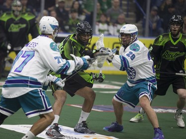 Saskatchewan Rush defender Jeff Cornwall defends against Rochester Knighthawks defense Tyler Ferreira at SaskTel Centre in Saskatoon, January 21, 2017.