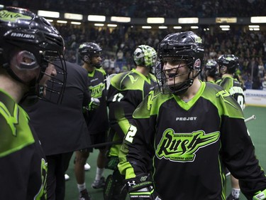 Saskatchewan Rush defender Adrian Sorichetti celebrates after a win against the Rochester Knighthawks in the Rush home opener at SaskTel Centre in Saskatoon, January 21, 2017.