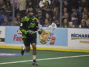 Saskatchewan Rush defender Jeff Cornwall takes the ball down field during the home opener game against the Rochester Knighthawks at SaskTel Centre in Saskatoon, January 21, 2017.