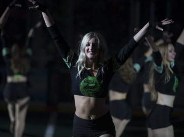 The Saskatchewan Rush cheerleading team performs after the third period of the home opener game against the Rochester Knighthawks at SaskTel Centre in Saskatoon, January 21, 2017.