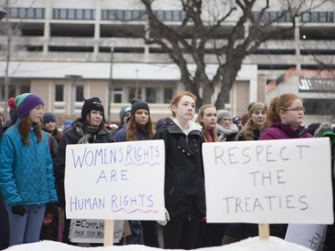 A crowd of marchers waits during a speech before marching into downtown Saskatoon and raising awareness on women's rights, January 21, 2017.