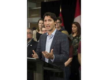 Prime Minister Justin Trudeau takes questions from the media during a scrum at the University of Saskatchewan during his Town Hall Tour in Saskatoon, January 25, 2017.
