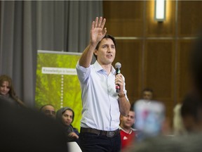 Prime Minister Justin Trudeau speaks in front of a crowd during his Town Hall Tour at the Health Sciences building located in the University of Saskatchewan in Saskatoon, Saskatchewan on Wednesday, January, 25, 2017. (Saskatoon StarPhoenix/Kayle Neis)