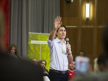 Prime Minister Justin Trudeau speaks in front of a crowd during his Town Hall Tour at the Health Sciences building at the University of Saskatchewan in Saskatoon, January 25, 2017.