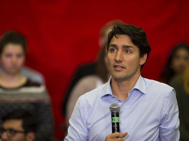 Prime Minister Justin Trudeau speaks in front of a crowd during his Town Hall Tour at the Health Sciences building on the University of Saskatchewan campus in Saskatoon, January 25, 2017.