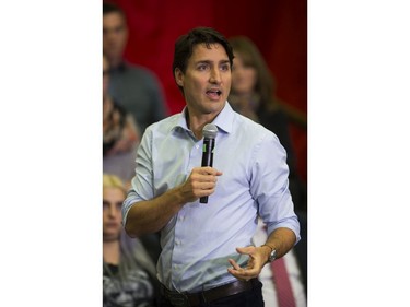 Prime Minister Justin Trudeau speaks in front of a crowd during his Town Hall Tour at the Health Sciences building on the University of Saskatchewan campus in Saskatoon, January 25, 2017.