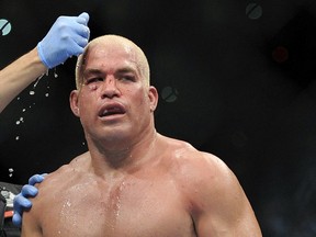 FILE - In this July 7, 2012, file photo, Tito Ortiz gets cools down after his fight with Forrest Griffin at their UFC 148 light heavyweight fight at the MGM Grand Garden Arena in Las Vegas. Ortiz takes on Chael Sonnen on Saturday night, Jan. 21, 2017,  in the biggest event ever for Bellator, the mixed martial arts promotion that reaps ratings bonanzas from sporting spectacles featuring over-the-hill stars.