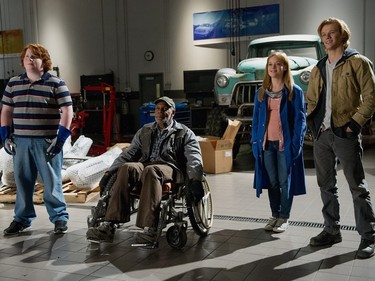 L-R: Tucker Albrizzi, Danny Glover, Jane Levy and Lucas Till star in "Monster Trucks."