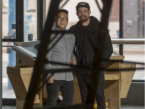BESTPHOTO  SASKATOON,SK--FEBRUARY 01/2017-0202 news mackay- Dale MacKay, right, and Christopher Cho, who are opening their third new restaurant a Korean-influenced place called Sticks and Stones, stand for a photograph in the under construction space downtown in Saskatoon, SK on Wednesday, February 1, 2017. (Saskatoon StarPhoenix/Liam Richards)