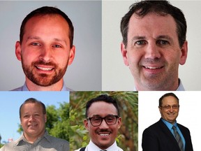 (Clockwise from top left) Ryan Meili (NDP), Brent Penner (Sask Party), David Prokopchuk (Progressive Conservatives), Shawn Setyo (Green Party) and Darrin Lamoureux (Liberal) are running in a byelection for the provincial Saskatoon Meewasin seat.