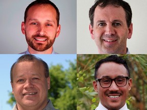 (Clockwise from top left) Ryan Meili, Brent Penner, Shawn Setyo and Darrin Lamouroux are running for the Saskatoon Meewasin seat formerly held by Roger Parent.