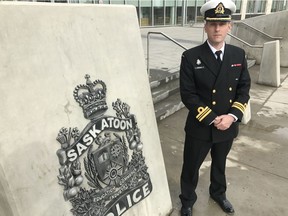 Navy Lt.-Cmdr. Lucas Kenward, commander of the HMCS Edmonton, stands outside of the Saskatoon Police Service headquarters following a meeting with members of the service on Thursday afternoon. Keyward said the message that he brings to local police services is that the work being done on the seas by the Canadian Forces to combat the international drug trade does have an impact on local Canadian communities, Feb. 16, 2017. (Morgan Modjeski/The Saskatoon StarPhoenix)