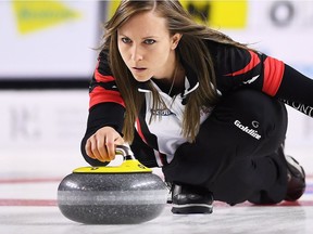 Ontario skip Rachel Homan delivers a rock against Manitoba in the gold medal match at the Scotties Tournament of Hearts in St. Catharines, Ont., on Sunday, Feb. 26, 2017.