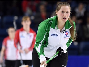 Saskatchewan skip Penny Barker calls the sweep while taking on Newfoundland during the Scotties Tournament of Hearts in St. Catharines, Ont., on Saturday, Feb. 18, 2017.