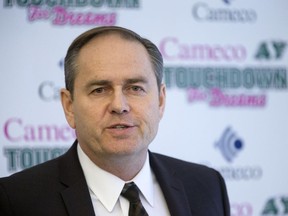 Cameco's CEO Tim Gitzel at the Touchdown For Dreams announcement, January 28, 2015. Spokeperson Marilyn Young who will have her 17th treatment for ovarian cancer and says the program is pretty much a wonderful dream in itself.