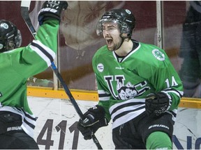 University of Saskatchewan Huskies forward Logan McVeigh has had plenty of reason to celebrate this season. (Liam Richards/Saskatoon StarPhoenix)