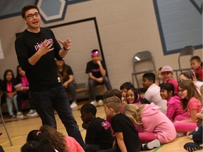 Travis Price, the co-founder of the Pink Day campaign against bullying, joined students at Brevoort Park School for a presentation to launch Pink Week events with Saskatoon Public Schools and the Canadian Red Cross. He later spoke at the University of Saskatchewan's education building to hundreds of students, as the rally was first of several ahead of Pink Day on Feb. 22, 2017.