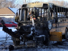 Saskatoon Firefighters put out a school bus fire on Macdermid Crescent in Saskatoon on Tuesday, Feb. 14, 2017.