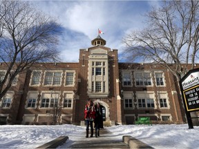 Two students walk out of Pleasant Hill school on their lunch break in Saskatoon on February 15, 2017.