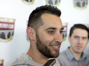 Blue Jays pitcher Marco Estrada answers questions during a media event for the Kinsmen Sports Celebrity Dinner at the Holiday Inn in Saskatoon, Sask. on Friday, Feb. 3, 2017.