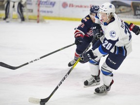 Saskatoon Blades forward Gage Ramsay, shown here against the Regina Pats on Friday, netted the insurance goal in Saturday's 4-2 in over the Red Deer Rebels. (Saskatoon StarPhoenix/Kayle Neis)