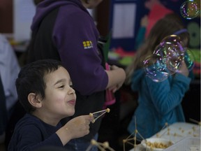 Nebras Ara plays at one of the many stations that is dedicated to teaching math skills at the Family Math Day held at the Emmanuel and St. Chad Building at the University Of Saskatchewan in Saskatoon on February 4, 2017.