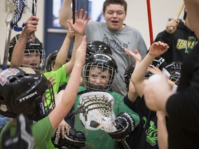 Members of Team Sask and SWAT Lacrosse help run a camp for young kids to learn basic skills in lacrosse at the Shaw Centre in Saskatoon on Feb. 18, 2017.