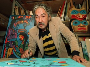 1987 file photo of  Morrisseau, Norval - artist (Greg Kinch/Vancouver Sun/ S-TC-87-3888) [PNG Merlin Archive]/ MORRISSEAU COMBINED ELEMENTS OF OJIBWA HERITAGE AND EUROPEAN INLUENCES.
