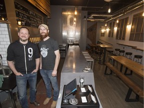 Co-founders of 9 Mile Legacy Brewing Company Garrett Pederson, right, and Shawn Moen their location for their brewery  in Saskatoon, SK on Monday, March 27, 2017. (Saskatoon StarPhoenix/Liam Richards)