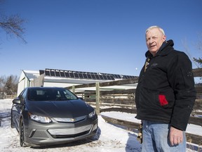 Bill Wardell showed off his electric car at his farm South of Saskatoon. Wardell is powering his car and estate off solar panels built on his barn near Clavet, SK on Thursday, March 9, 2017.