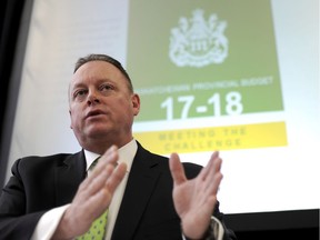 Saskatchewan's Finance Minister Kevin Doherty discusses the province's 2017 budget at the Legislative Building in Regina, Wednesday, March 22, 2017.