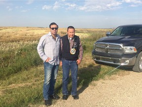 Encanto Potash Corp. President and CEO Stavros Daskos, left, and Muskowekwan First Nation Chief Reginald Bellerose inspect the site of a proposed $3 billion potash mine on the reserve northeast of Regina.